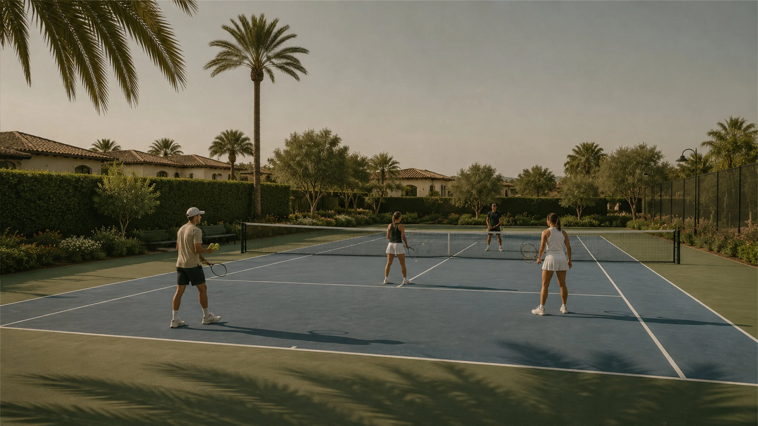Tennis bench and court detail at Desert Palm Racquet Club